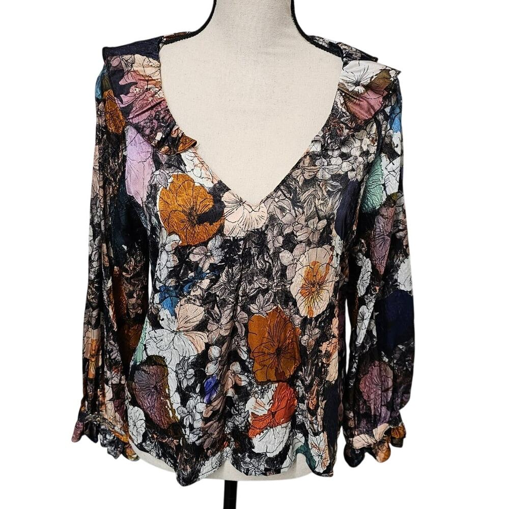 Raquel Allegra Silk Blend Dolly Blouse Sz 0 (4) Dark Floral Ruffle Luxe Designer